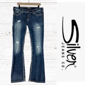 SILVER JEANS Women’s Size 34/L35 Denim Pioneer Bootcut Fit Stretch Distressed